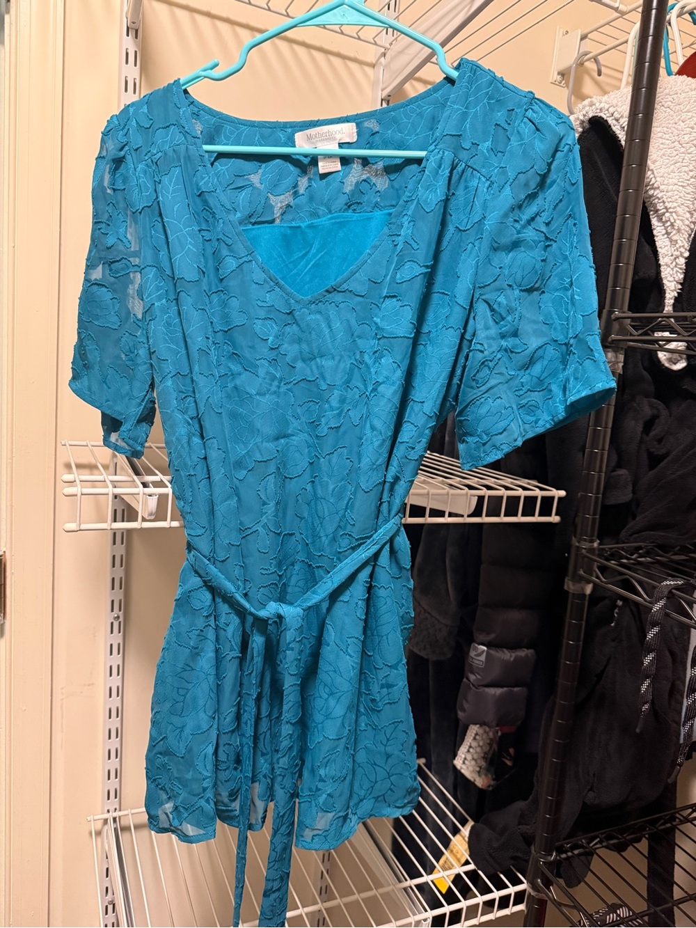 Motherhood Maternity Teal Lace V-Neck Tie-Waist Blouse